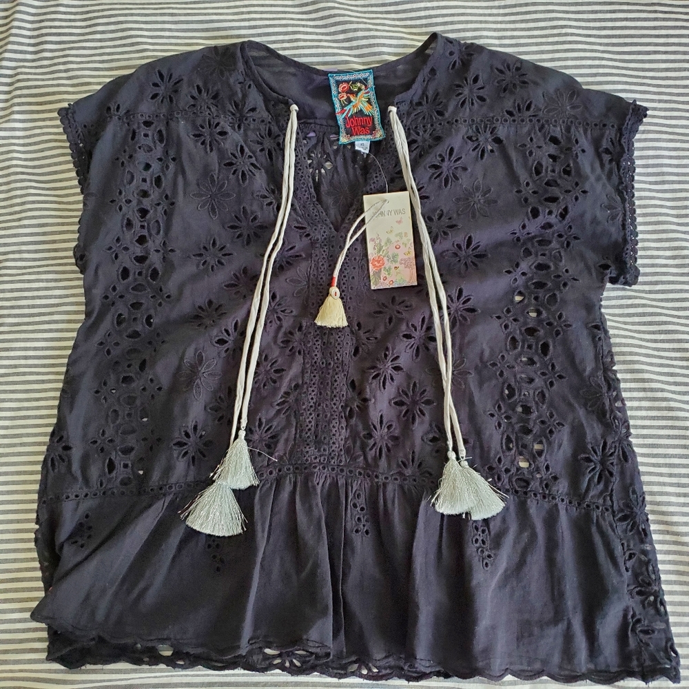 Johnny Was Jurnee Eyelet Tassel Crop Top Blouse
